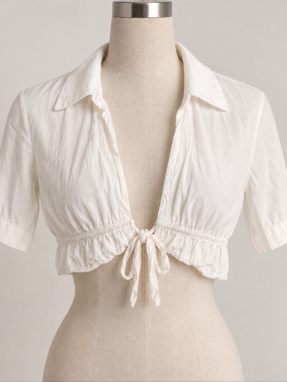 Zara Women’s White Cropped Tie Front Blouse Ruched Short Sleeve Size M